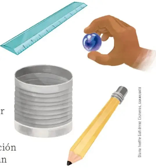 Ilustración de una regla metálica verde translúcida, una mano que sostiene una canica azul, una lata de aluminio y un lápiz amarillo con casquillo metálico y goma.