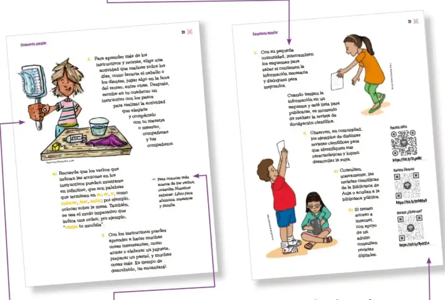 Niña con cabello alborotado sostiene un instructivo y señala una mesa con materiales; ilustra la página 30 sobre instructivos.