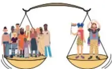 Ilustración de una balanza con grupos de personas de distinto tamaño en cada platillo, simbolizando igualdad y justicia social.