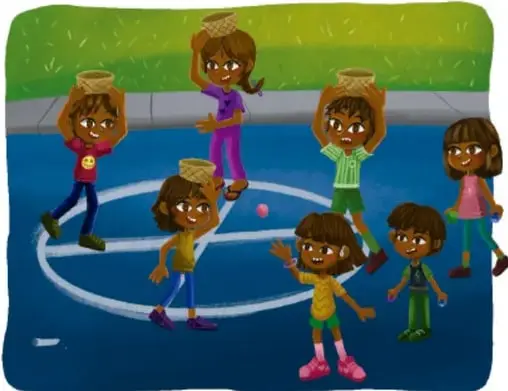 Niñas y niños con canastas de tule en la cabeza caminando sobre los círculos de una cancha azul, escena similar a la del punto de partida; firmado Armando Amezcua Mora, Guanajuato.