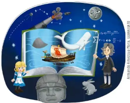 Ilustración de un libro abierto con elementos de distintos textos: un barco con una ballena, una máscara de teatro, fórmulas científicas, personajes de ficción (una niña con vestido azul, un hombre con sombrero), un conejo y una estatua antigua, representando la diversidad de géneros narrativos.