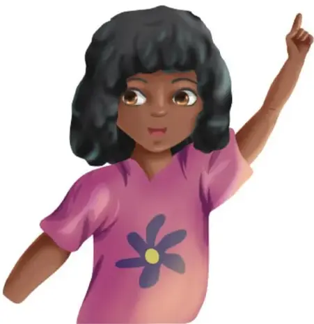 Ilustración de dos estudiantes: una niña con camisa rosa y flor levantando la mano para hablar y otra con cabello castaño tomando notas en una hoja.