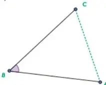 Triángulo $ABC$ con los lados $\overline{AB}$ y $\overline{BC}$ resaltados y el ángulo $\angle B$ marcado.