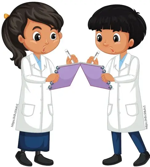Ilustración de dos niños científicos (niña y niño) con batas de laboratorio sosteniendo carpetas moradas.