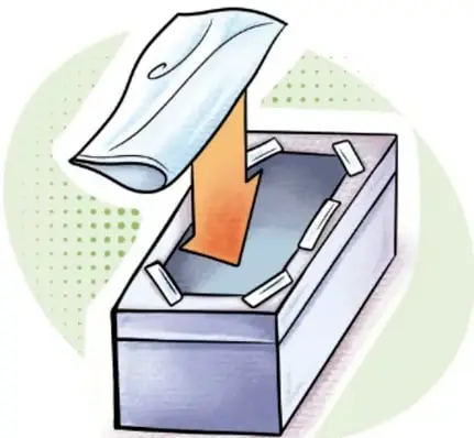Caja de cartón con la tapa levantada y una flecha naranja indicando el corte en el centro de la tapa.