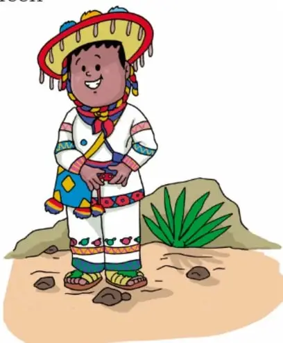 Ilustración de un niño con sombrero de palma y traje tradicional indígena con bordados de colores, de pie junto a una piedra y una planta de maguey. Crédito: Israel Campos de León, Coahuila.