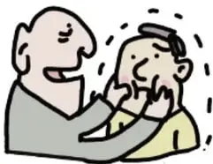 Adulto que toma con ambas manos el rostro de un niño, quien se cubre con los brazos en gesto de incomodidad.