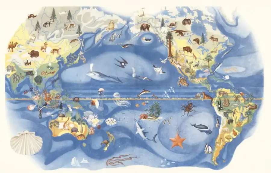 Mapa del mundo ilustrado con fauna de cada continente y océano (camellos, osos, ballena, delfines, pulpo, tiburón, pingüinos), estilo artístico.