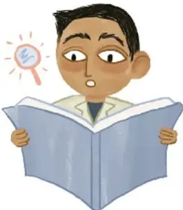 Niño leyendo un libro con una lupa, ilustrando la investigación y búsqueda de información.