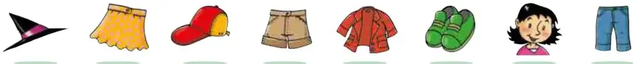 Ocho recuadros con prendas de vestir y una niña: sombrero de bruja, falda amarilla, gorra roja, pantalones cortos, chaqueta roja, zapatos verdes, niña y pantalones azules.