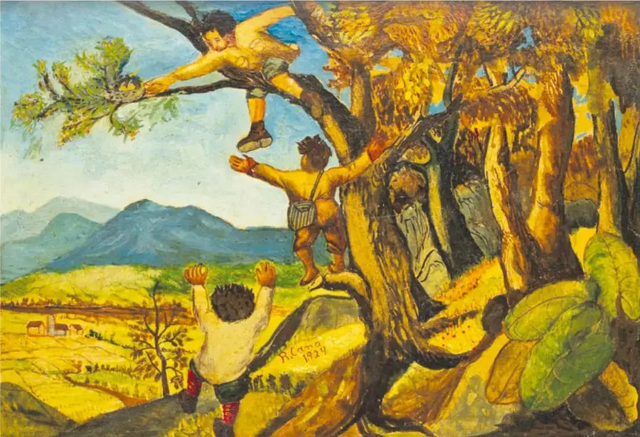 Pintura de Ramón Cano Manilla: tres niños trepan un árbol en un paisaje de valles y montañas azules; uno de ellos está en una rama alta.