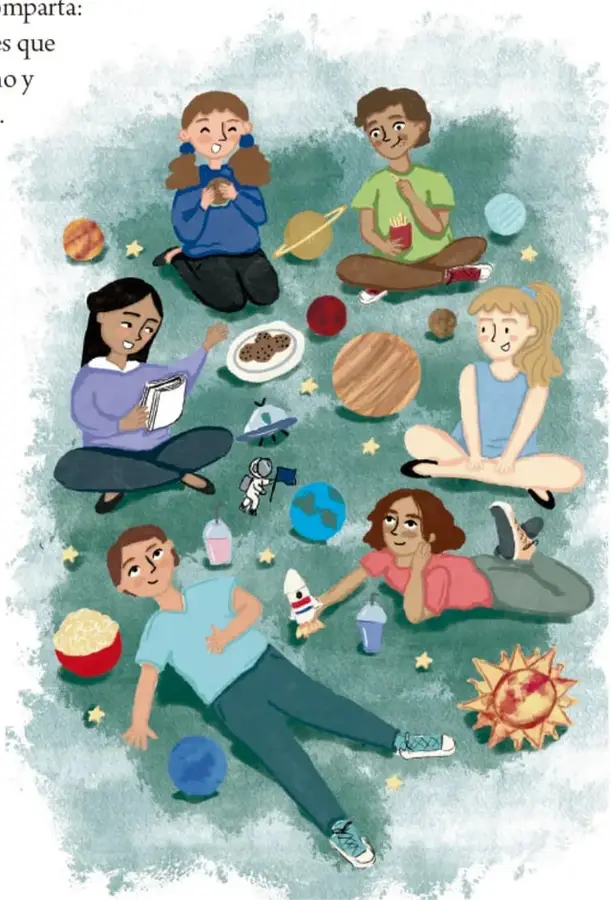 Ilustración de seis estudiantes sentados en círculo sobre un fondo verde con elementos del espacio: planetas, estrellas, cohete, astronauta y alimentos. Representa el trabajo en comunidad para reflexionar sobre el proyecto.