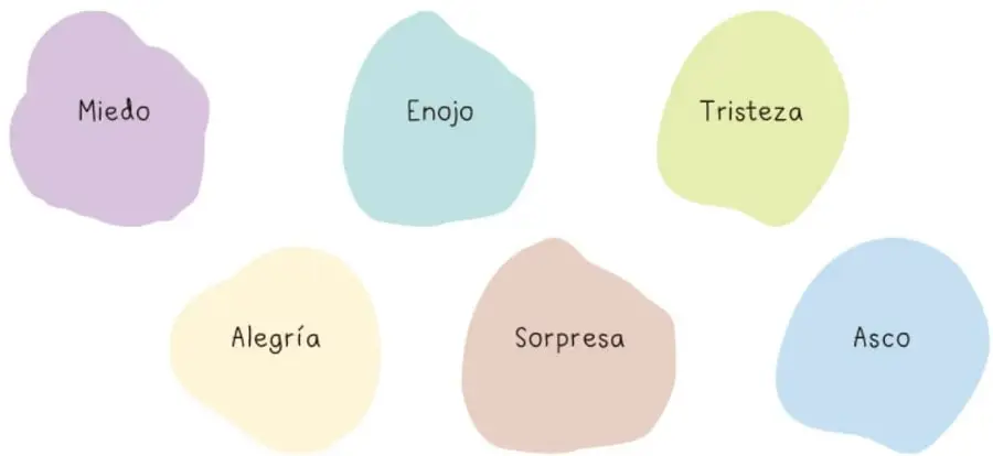 Seis manchas de color con los nombres de las emociones básicas: Miedo (lila), Enojo (celeste), Tristeza (verde claro), Alegría (amarillo claro), Sorpresa (beige) y Asco (azul claro).