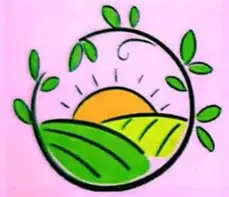 Ilustración de una finca agroecológica con cultivos variados, agricultores, ovejas, una vaca, aves, un molino de viento y productos cosechados.