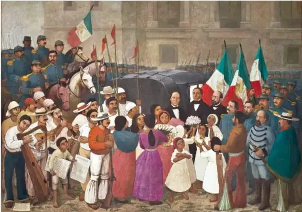 Pintura histórica que representa la entrada de Benito Juárez y los liberales a la Ciudad de México tras el triunfo sobre Maximiliano, con banderas mexicanas y personajes de la época.
