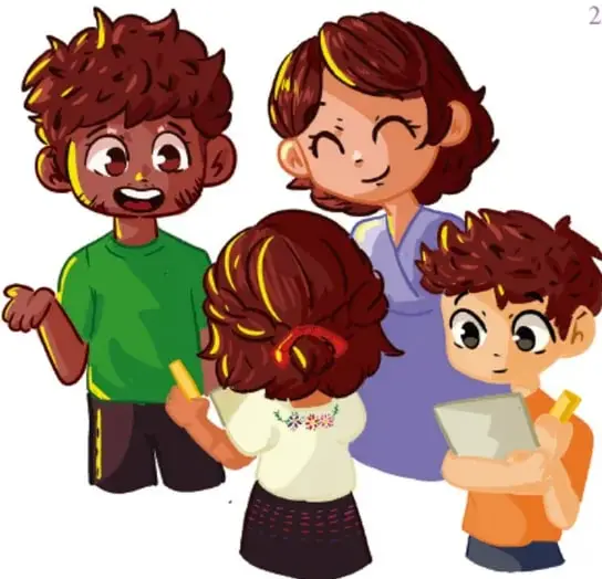 Ilustración de un niño, una niña, una maestra y otro niño en un salón de clases.