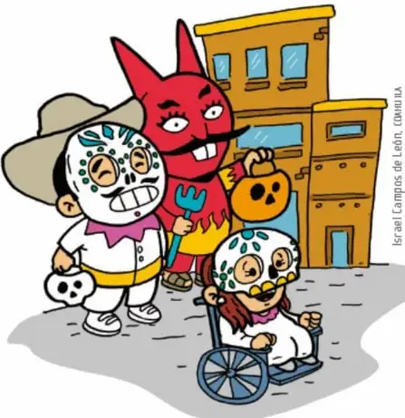 Ilustración de tres niños con calaveras pintadas y disfraces (uno con máscara de diablo rojo) frente a casas de colores; uno de ellos va en silla de ruedas. Crédito: Israel Campos de León, CONALITEG.