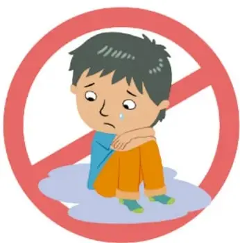 Ilustración de un niño sentado llorando dentro de un círculo rojo con barra de prohibido, simbolizando una situación injusta, de Herenia González Zúñiga, Ciudad de México.