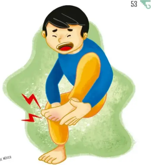Ilustración de un niño con expresión de dolor, de pie sobre un pie apoyado y tocándose el dedo pequeño del pie, con rayos rojos que indican dolor.