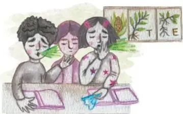 Ilustración de tres estudiantes en un salón de clases; dos de ellos están resfriados y tosen o estornudan cubriéndose con la mano. Al fondo hay un cartel con letras y dibujos de plantas. Crédito: Tania Villanueva López, PUESLA.
