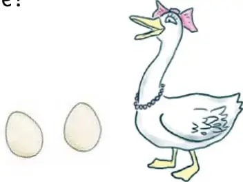 Ilustración de una pata blanca con moño rosado junto a dos huevos.