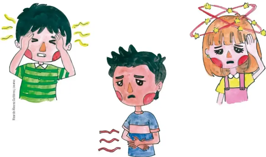 Ilustración de tres niños enfermos: uno con dolor de cabeza, otro con dolor de estómago y otro con fiebre y mareo.