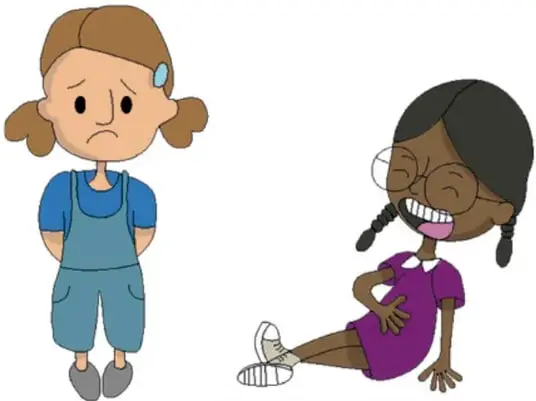 Dos niñas: una con overol azul y el pelo castaño recogido, que se ve preocupada o avergonzada; otra con lentes, camisa morada y trenzas, sentada en el piso riendo. Ilustración de Luis Antonio Moreno Aguayo, Nayarit.