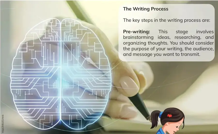 Cerebro con circuitos digitales superpuesto con una mano escribiendo, simbolizando pensamiento creativo.