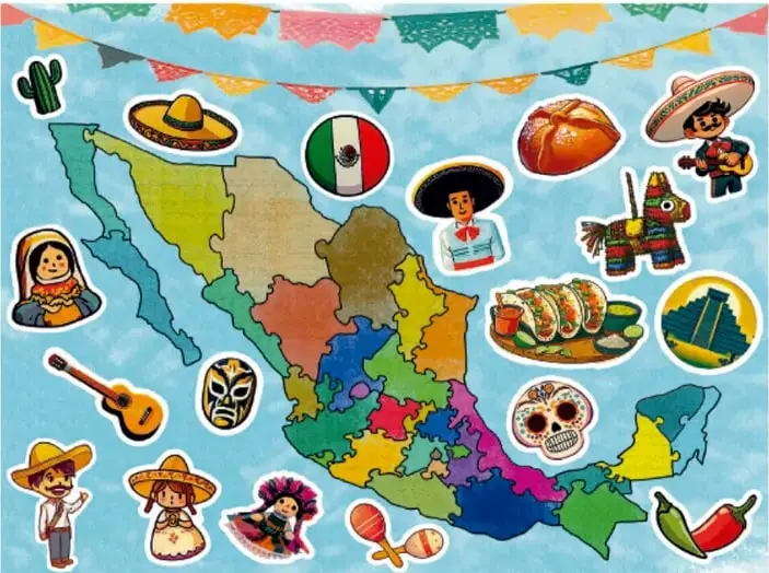 Ilustración del mapa de México rodeado de elementos culturales: sombreros, mariachi, calavera, chile, guitarra, bandera, tamales, cactus y banderines.