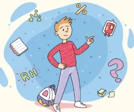 Ilustración de un estudiante señalando símbolos de porcentaje, probabilidad y tipos de sangre.
