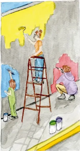 Acuarela de tres personas pintando un muro de colores: una sobre una escalera pintando de amarillo, otra arrodillada pintando de rosa y una tercera en pie pintando de azul, con botes de pintura en el piso. Pie de foto: Festus, Ciudad de México.