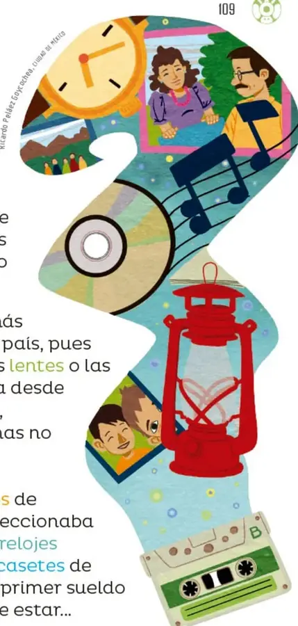 Collage en forma de signo de interrogación con un reloj despertador, una fotografía de la abuelita y el abuelito, un disco compacto, un farol rojo, un casete y una fotografía de dos niños.