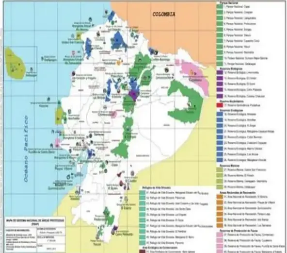 Mapa del SNAP con todas las áreas protegidas del Ecuador.