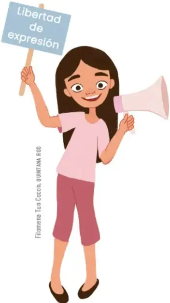 Ilustración de una niña con playera rosa y pantalón rosa sosteniendo un cartel que dice 'Libertad de expresión' y un megáfono, símbolo del derecho a expresarse.