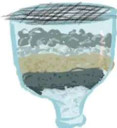 Filtro casero con botella de PET invertida y capas de materiales.