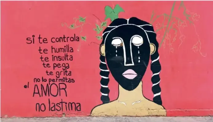 Mural en una pared rosa con la silueta de una mujer negra con trenzas, lágrimas y una flor. A la izquierda, texto que dice: 'Si te controla, te humilla, te insulta, te pega, te grita, no lo permitas. El AMOR no lastima'.