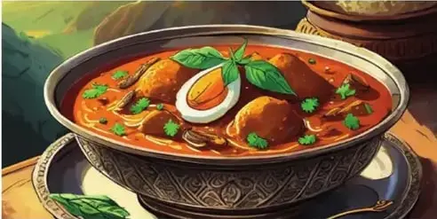 Ilustración de un plato hondo de curry indio con carne, huevo y hojas verdes de cilantro.