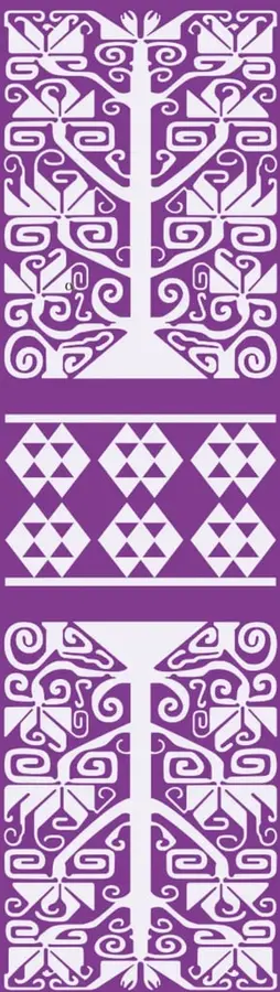 Patrón decorativo prehispánico en color morado con motivos geométricos simétricos en blanco.