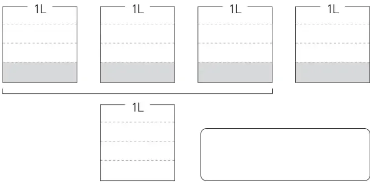 Seis barras rectangulares etiquetadas 1 L, divididas en partes iguales según cada fracción, para pintar.