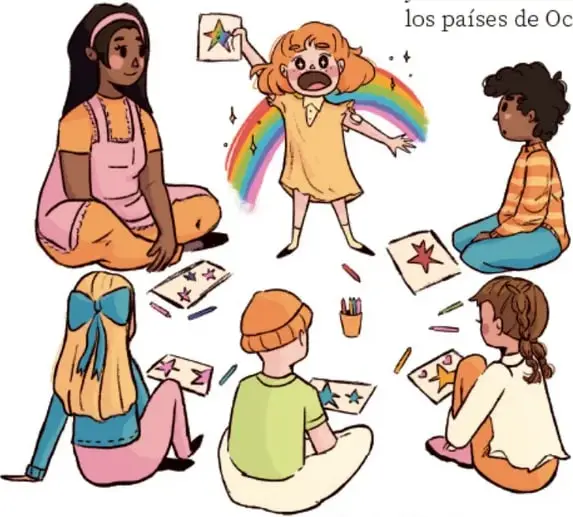 Ilustración de seis niñas y niños de diversas culturas sentados en círculo dibujando y conversando, con una niña mostrando un dibujo con arcoíris; crédito a Paloma Sirani Zataray Mora, Michoacán.