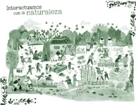 Miniatura del recurso 'Interactuamos con la naturaleza': escena rural ilustrada en verdes con árboles, cultivos, animales de granja, personas cosechando, preparando alimentos y conviviendo, junto a una casa y una vega.