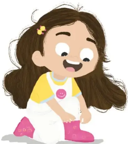 Ilustración de Lola, niña de cabello castaño largo con pin amarillo, arrodillada poniéndose una bota rosa, con overol blanco de una sola pieza.
