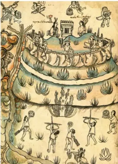 Lámina de códice prehispánico que muestra un paisaje montañoso escalonado con vegetación de maguey, personas trabajando la tierra y figuras con armas en la parte inferior, representando la vida en el espacio cultural del norte de Mesoamérica/Aridoamérica.