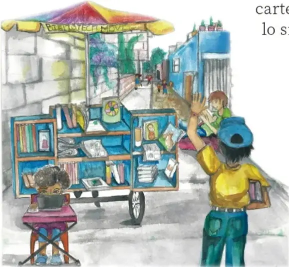 Ilustración de una biblioteca móvil (bibliotecamóvil) en la calle, con estanterías de libros y un adulto acercándose; crédito María del Rosario Escobar García, Jalisco.