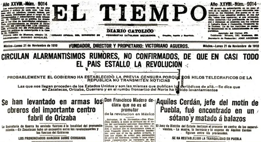 Recorte de la portada del diario El Tiempo del 21 de noviembre de 1910 con titulares sobre la Revolución, la censura telegráfica, los obreros de Orizaba, la declaración de Madero y la muerte de Aquiles Serdán.