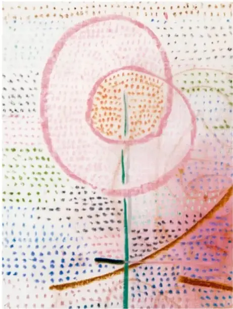 Jardín seco y fresco (1921): jardín abstracto en grises, blancos, cafés, rojos y verdes, con una gran hoja en abanico al centro que se repite en colores y posiciones distintas, montañas triangulares al fondo y pequeñas plantas y figuras.