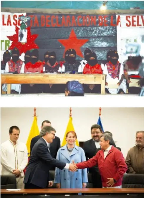 Fotografía de un grupo de personas encapuchadas frente a un letrero que dice 'LA SEXTA DECLARACIÓN DE LA SELVA'.
