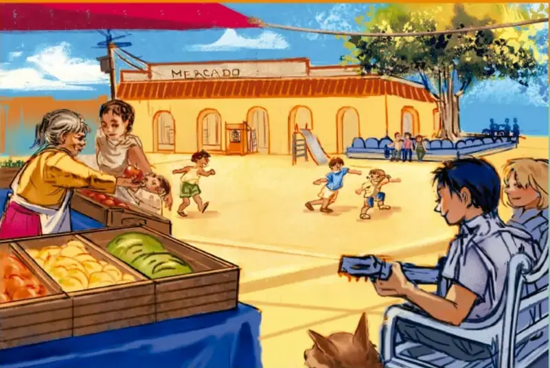 Ilustración de una plaza de mercado mexicano: vendedora con frutas, niños jugando, joven con guitarra, perro y edificio con rótulo MERCADO.