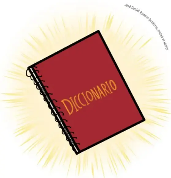 Ilustración de un cuaderno rojo con la palabra DICCIONARIO en letras amarillas y destellos alrededor.