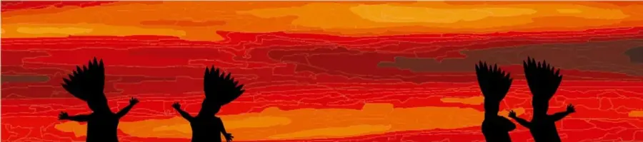 Cielo del amanecer en tonos rojos y anaranjados con siluetas negras de dioses contemplándolo.